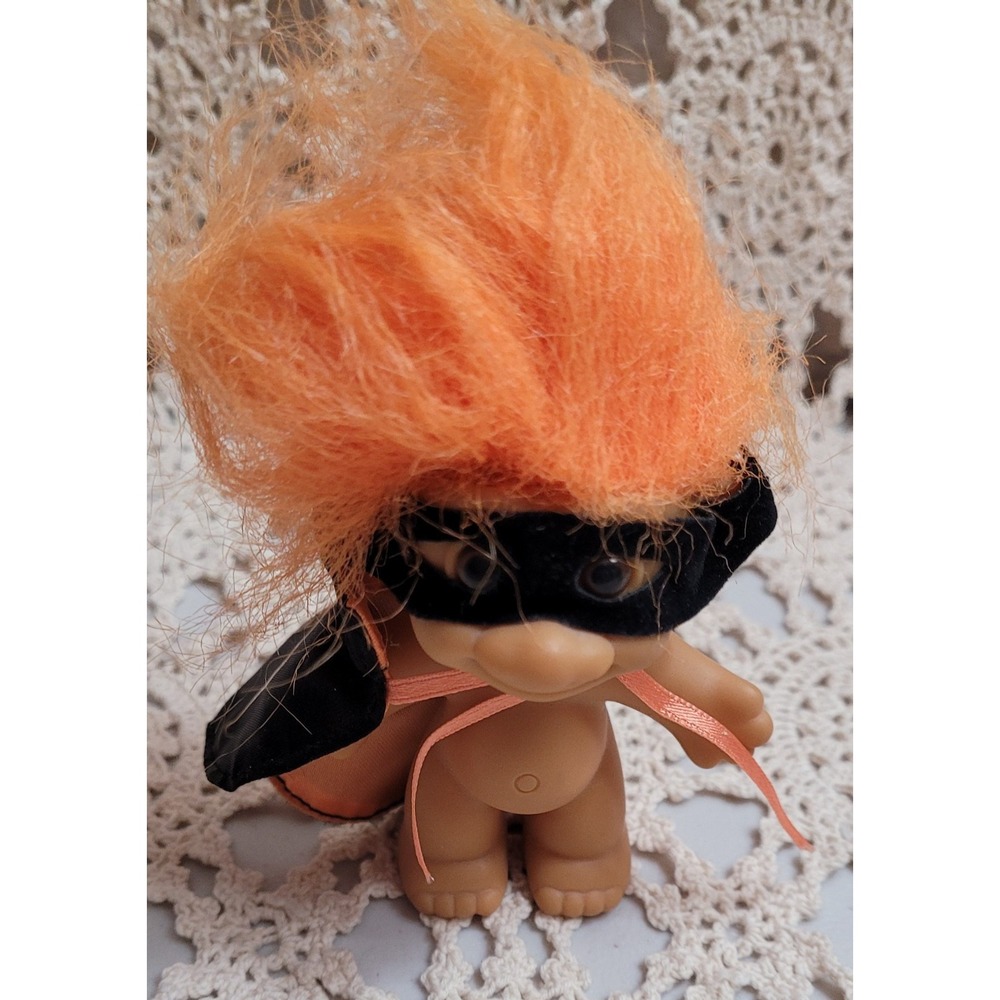 Vintage Russ Troll Doll Masked & CAPED BANDIT 3" Orange hair black cape & Mask